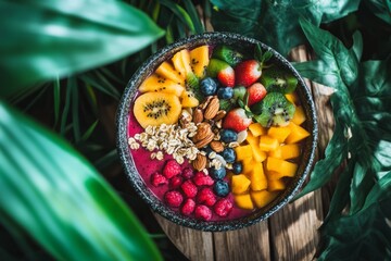 Wall Mural - Colorful fruit bowl filled with fresh berries and tropical fruits. A vibrant display of health on a wooden table surrounded by green leaves. Perfect for summer wellness. Generative AI