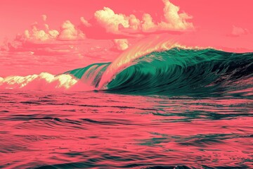 A pink and green ocean with a wave crashing