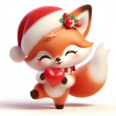 A cartoon fox wearing a Santa hat and holding a red heart, adorned with a holly sprig. The fox has large eyes and a fluffy tail.