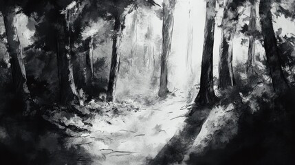 Leinwandbilder - A dense forest is illustrated with intricate black ink, showcasing detailed trees and shadows that create a captivating atmosphere. Generative AI