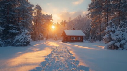 Poster - A wooden cabin sits peacefully in a snowy forest, with a trail leading through the fresh snow. The sun sets behind trees, casting a warm glow.