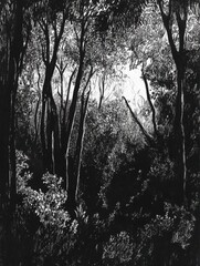 Leinwandbilder - A detailed black ink sketch reveals a dense forest with intricate trees and soft shadows, evoking a sense of tranquility in nature. Generative AI