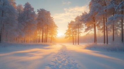 Poster - The sun rises over a snowy landscape, casting a warm glow on the pristine white ground and highlighting the tall pine trees lining the path. Fresh footprints create a sense of adventure.