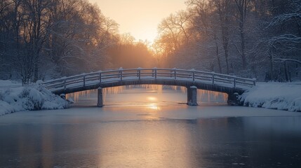 Fototapete - The early morning light illuminates a tranquil winter landscape. A wooden bridge spans a frozen river, creating a picturesque view surrounded by snow-covered trees.