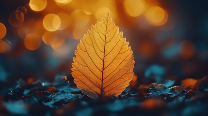 Sticker - A single yellow leaf with intricate veins stands out against a bokeh background of warm orange and blue hues.