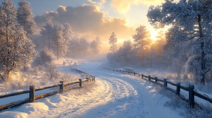 Poster - A winding path covered in fresh snow leads through a tranquil winter landscape. The setting sun casts a warm glow, highlighting the trees and creating a peaceful atmosphere.