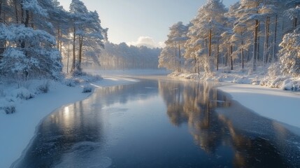 Poster - A peaceful winter setting showcases a gently flowing river surrounded by tall, snow-laden trees. Morning light creates a serene atmosphere, enhancing the beauty of nature.