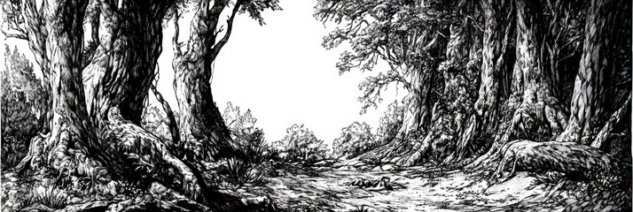 Leinwandbilder - A dense forest showcases intricate tree details and shadows, evoking tranquility in nature's untouched beauty. Generative AI