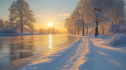 Poster - A beautiful winter morning unfolds as the sun rises above the horizon, casting warm light on a frozen river. Snow blankets the ground and trees, creating a tranquil atmosphere.