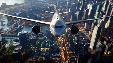 Stunning closeup of airplane landing over a vibrant cityscape at dusk