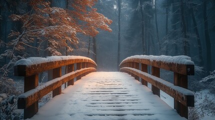Fototapete - Snow blankets the wooden bridge, leading through a serene forest with tall trees. The soft morning light filters through, creating a peaceful atmosphere.