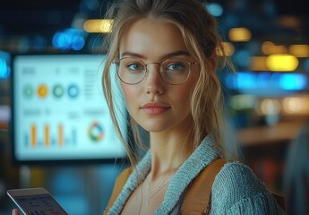 Poster - Young Woman with Glasses Looking at Smartphone in Office