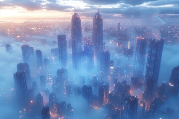 Fototapete - Futuristic Cityscape with Skyscrapers Emerging from Fog