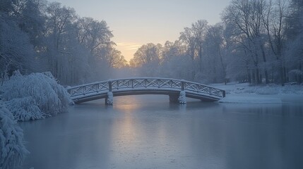 Fototapete - As dawn breaks, warm light reflects off the frozen pond, highlighting a wooden bridge nestled among snow-laden trees in a serene winter setting.