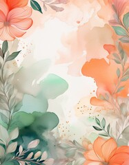 Wall Mural - Watercolor floral background with soft peach and green hues.