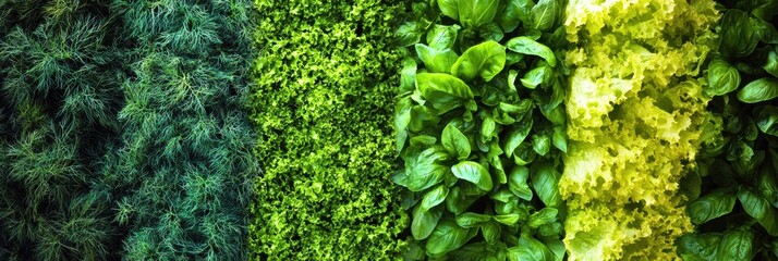 Poster - A vibrant collection of fresh lettuce, fragrant dill, and aromatic basil is beautifully displayed on a rustic kitchen surface. Generative AI