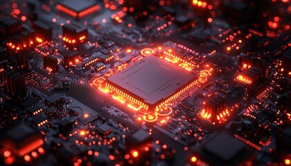 Poster - A Close-up View of a Computer Motherboard with Illuminated Circuitry