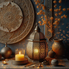 Decorative Arabic lantern with burning candles glowing at night. Art suitable for Ramadan theme produced by generative ai
