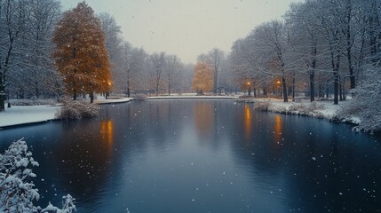 Poster - A tranquil winter scene features a lake surrounded by snow-laden trees, with warm lights reflecting on the water as snow gently falls in the evening.
