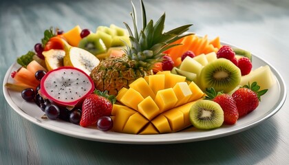 Canvas Print - A vibrant fruit platter featuring mango, kiwi, dragon fruit, pineapple, and strawberries.