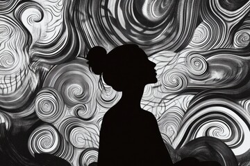 Aufkleber - A silhouetted figure sits in profile, set against a backdrop of swirling abstract patterns, capturing a moment of contemplation and inspiration. Generative AI