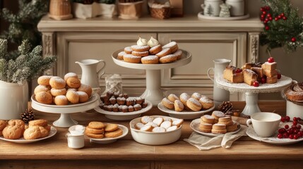 Festive winter dessert table with holiday pastries, gingerbread cookies, and cinnamon-spiced treats for a Christmas feast