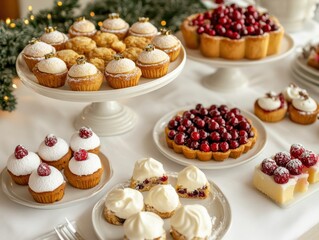 Wall Mural - Traditional holiday feast with a selection of Christmas treats like cranberry tarts, rum balls, and snowflake cookies