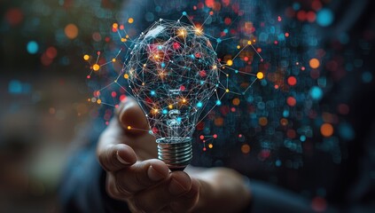 Poster - A Hand Holding a Light Bulb with Connected Network Lines
