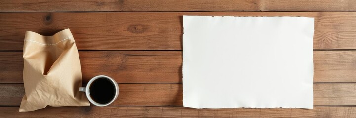 Mockup of blank paper coffee bag on rustic wooden table with natural lighting, paper, mockup, template