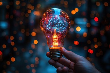 A Hand Holds a Lightbulb Filled with Colorful Sparks Against a Bokeh Background