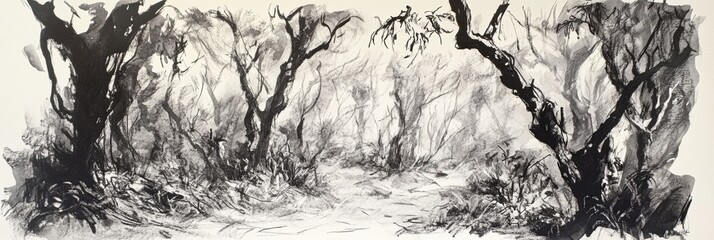 Leinwandbilder - This artwork showcases a dense forest rendered in black ink, highlighting intricate tree details and deep shadows amidst the foliage. Generative AI