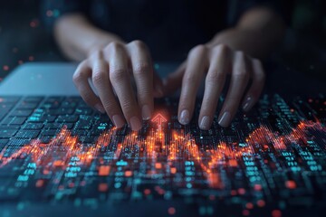 Aufkleber - Hands Typing on a Laptop Keyboard with an Upward Arrow and Digital Data Displayed