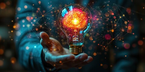 Poster - Hand Holding Glowing Lightbulb with Network Inside