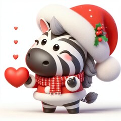 Wall Mural - Cute Zebra Wearing Santa Hat Holds Heart Gift