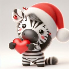 Wall Mural - Cute Zebra Wearing Santa Hat Holds Heart Gift