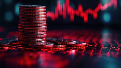 Aufkleber - Stack of Coins with a Red Background of a Stock Chart