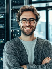 Wall Mural - A confident man stands with his arms crossed. AI.