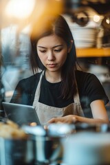 Wall Mural - A woman works on a tablet computer. AI.