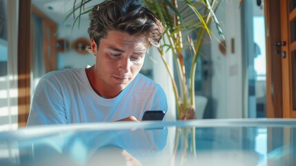 Poster - A man sitting in front of a table looking at his phone. AI.