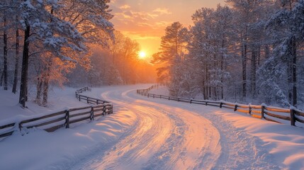 Aufkleber - A serene winter landscape features a winding road blanketed in snow. The warm glow of the setting sun filters through the trees, creating a peaceful atmosphere.
