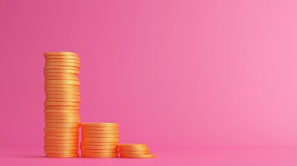 A stack of golden coins on a pink background, symbolizing wealth, prosperity, and financial growth.