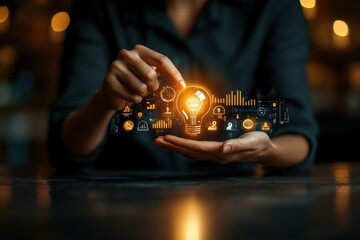 Aufkleber - Person Holding Illuminated Light Bulb with Data Icons