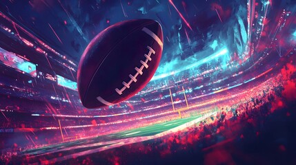 The ball is speeding of american football with colorful effects, View of the american football stadium