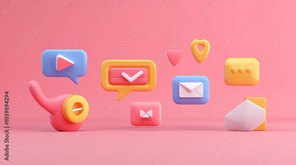 playful 3d rendered communication symbols, primary and secondary colors ...