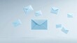 © Chaikit - 3d cartoon envelope sequence, vibrant azure mail icons, status symbols floating above, minimalist design, subtle shadows, crisp white background