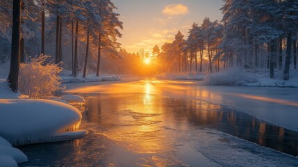 Fototapete - A breathtaking sunrise casts golden hues across a snowy landscape, illuminating a calm river. Trees line the banks, creating a serene winter atmosphere.