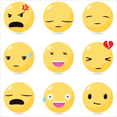 A collection of yellow emoticons, including angry, sad, and happy faces. Scene is cheerful and lighthearted