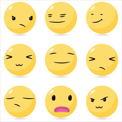 A collection of yellow emoticons, including angry, sad, and happy faces. Scene is cheerful and lighthearted