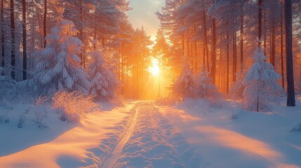 Aufkleber - The soft glow of the morning sun rises over a snow-covered forest, illuminating a winding trail. Fresh snow blankets the trees and ground, creating a serene and peaceful atmosphere.