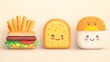 © Chaikit - charming food emoji set, round puffy french fries, grinning sandwich, blushing egg on toast, cheerful taco, bubbly style, candy-colored palette